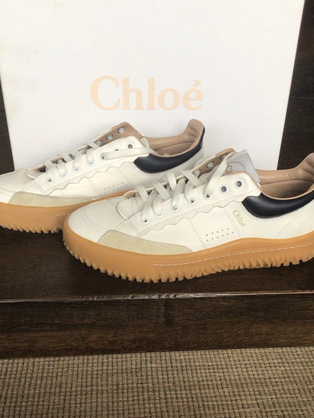 Chloé White Leather Sneakers with Gum and Navy Accents